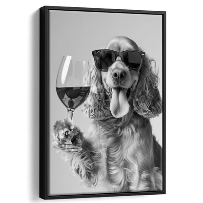 Cocker Spaniel and Wine Framed Canvas Print Wall Art, Black and White, Cocker Spaniel Bar Cart Print, Kitchen Decor