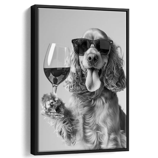Cocker Spaniel and Wine Framed Canvas Print Wall Art, Black and White, Cocker Spaniel Bar Cart Print, Kitchen Decor