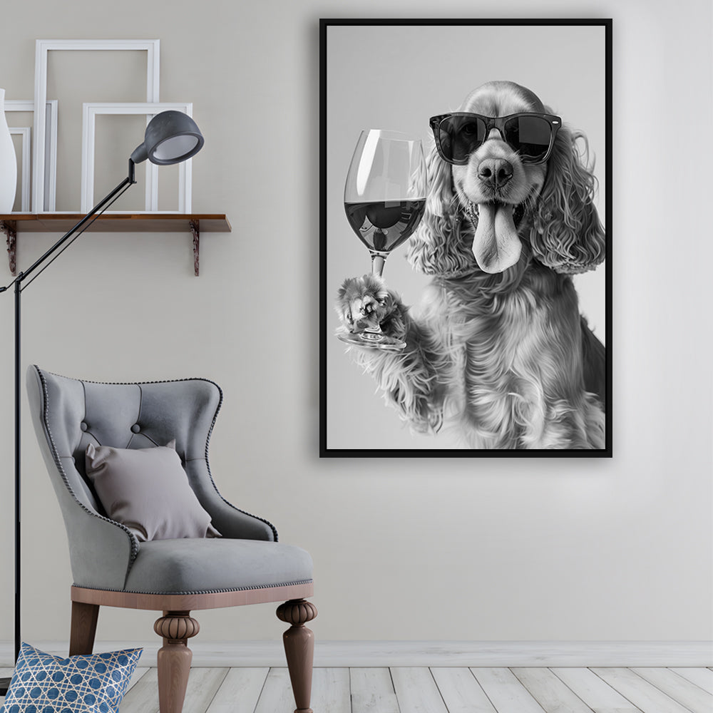 Cocker Spaniel and Wine Framed Canvas Print Wall Art, Black and White, Cocker Spaniel Bar Cart Print, Kitchen Decor