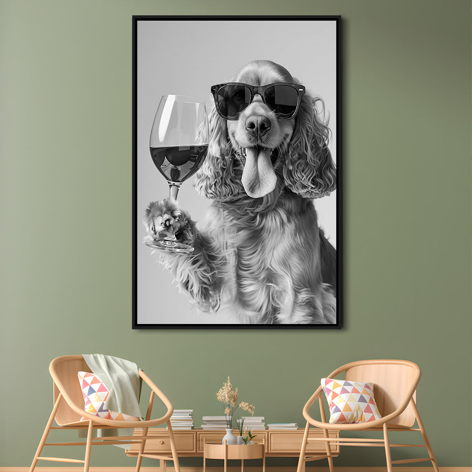 Cocker Spaniel and Wine Framed Canvas Print Wall Art, Black and White, Cocker Spaniel Bar Cart Print, Kitchen Decor