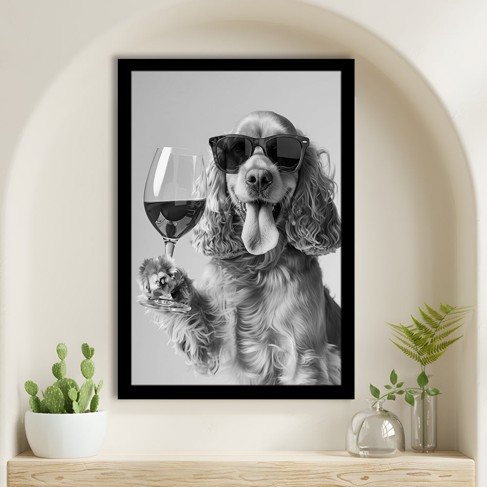 Cocker Spaniel and Wine Framed Art Print Wall Decor, Black and White, Cocker Spaniel Bar Cart Print, Kitchen Decor