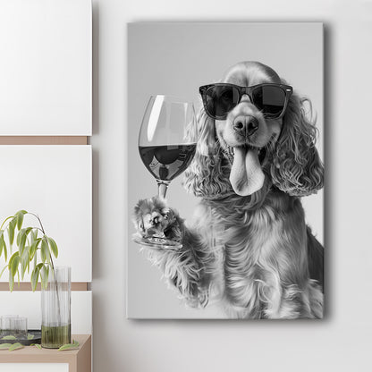 Cocker Spaniel and Wine Canvas Print Wall Art, Black and White, Cocker Spaniel Bar Cart Print, Bar Decor, Kitchen Decor