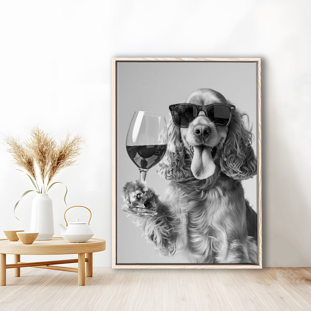 Cocker Spaniel and Wine Framed Canvas Print Wall Art, Black and White, Cocker Spaniel Bar Cart Print, Kitchen Decor