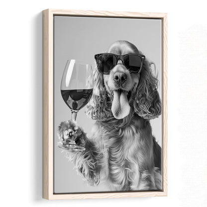 Cocker Spaniel and Wine Framed Canvas Print Wall Art, Black and White, Cocker Spaniel Bar Cart Print, Kitchen Decor