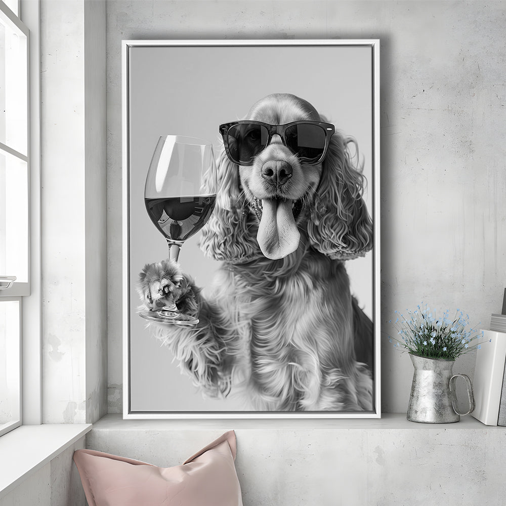 Cocker Spaniel and Wine Framed Canvas Print Wall Art, Black and White, Cocker Spaniel Bar Cart Print, Kitchen Decor