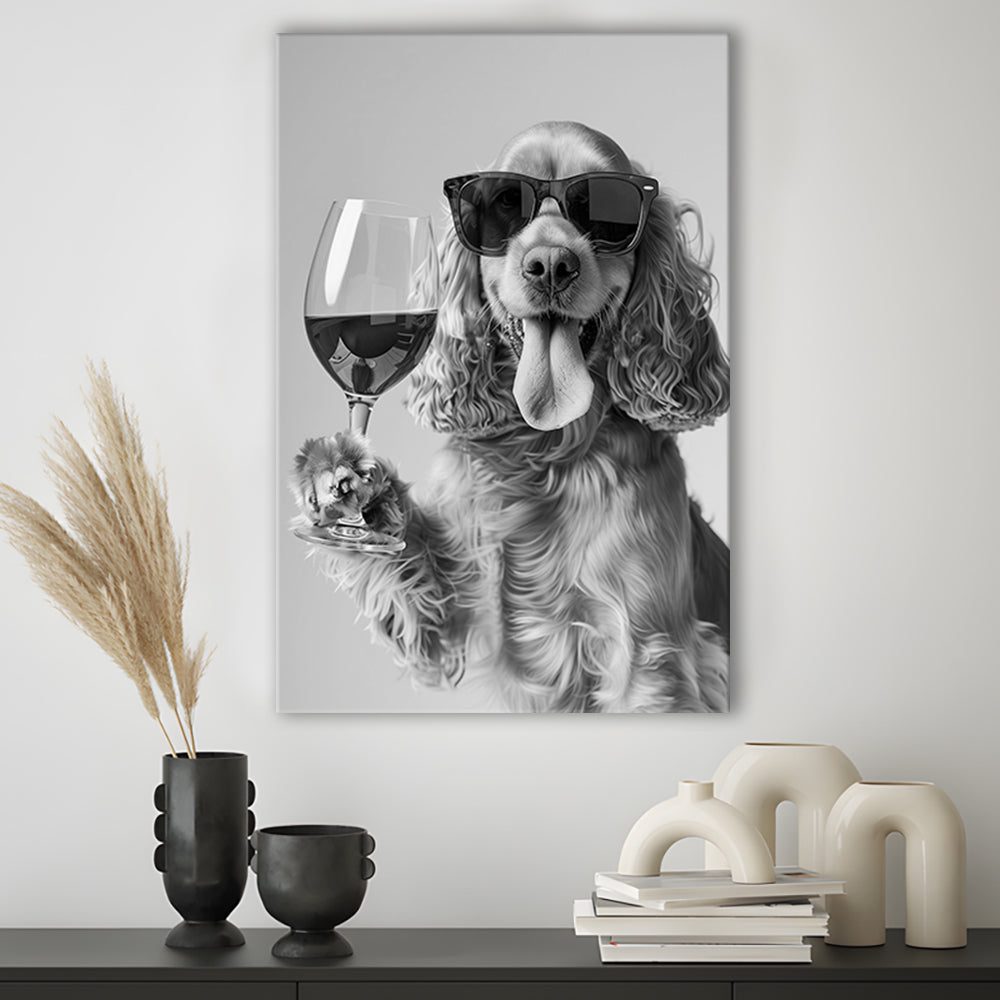 Cocker Spaniel and Wine Canvas Print Wall Art, Black and White, Cocker Spaniel Bar Cart Print, Bar Decor, Kitchen Decor