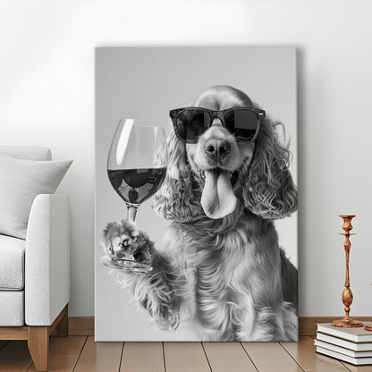 Cocker Spaniel and Wine Canvas Print Wall Art, Black and White, Cocker Spaniel Bar Cart Print, Bar Decor, Kitchen Decor