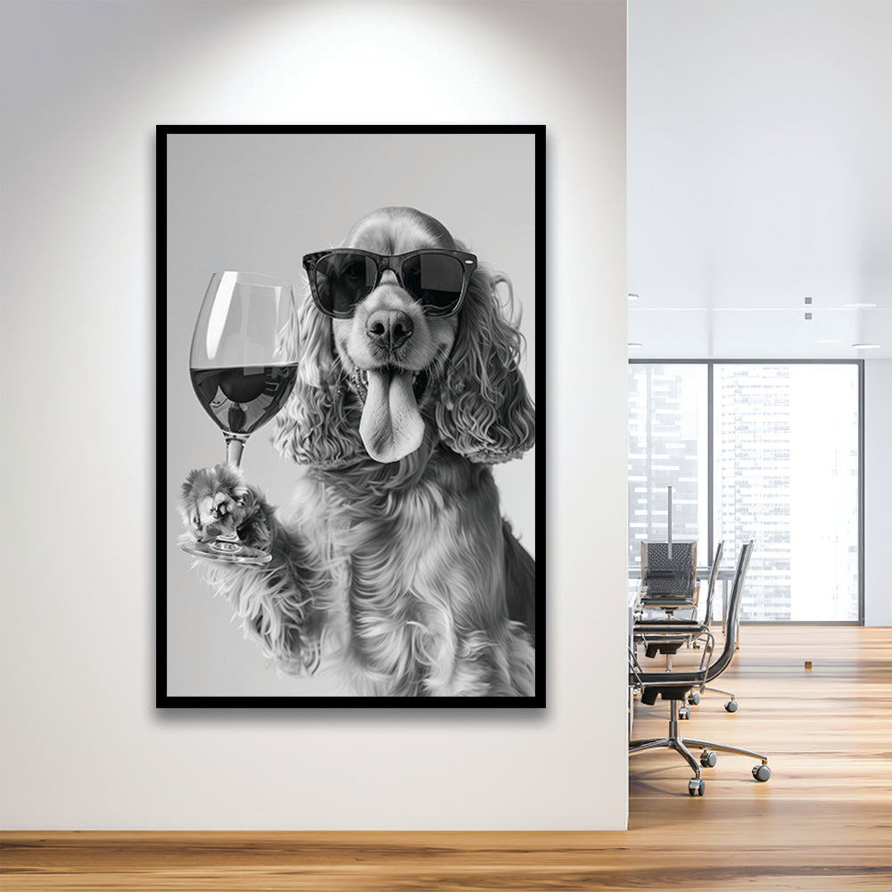 Cocker Spaniel and Wine Framed Art Print Wall Decor, Black and White, Cocker Spaniel Bar Cart Print, Kitchen Decor