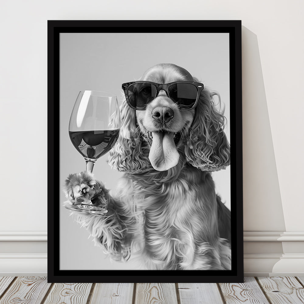 Cocker Spaniel and Wine Framed Canvas Print Wall Art, Black and White, Cocker Spaniel Bar Cart Print, Kitchen Decor