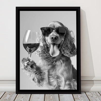 Cocker Spaniel and Wine Framed Canvas Print Wall Art, Black and White, Cocker Spaniel Bar Cart Print, Kitchen Decor