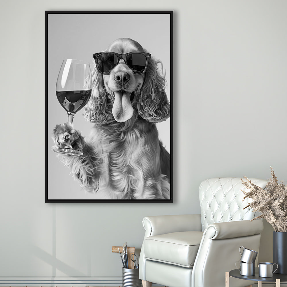 Cocker Spaniel and Wine Framed Canvas Print Wall Art, Black and White, Cocker Spaniel Bar Cart Print, Kitchen Decor