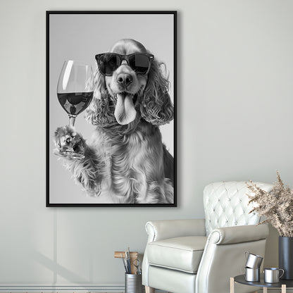 Cocker Spaniel and Wine Framed Canvas Print Wall Art, Black and White, Cocker Spaniel Bar Cart Print, Kitchen Decor