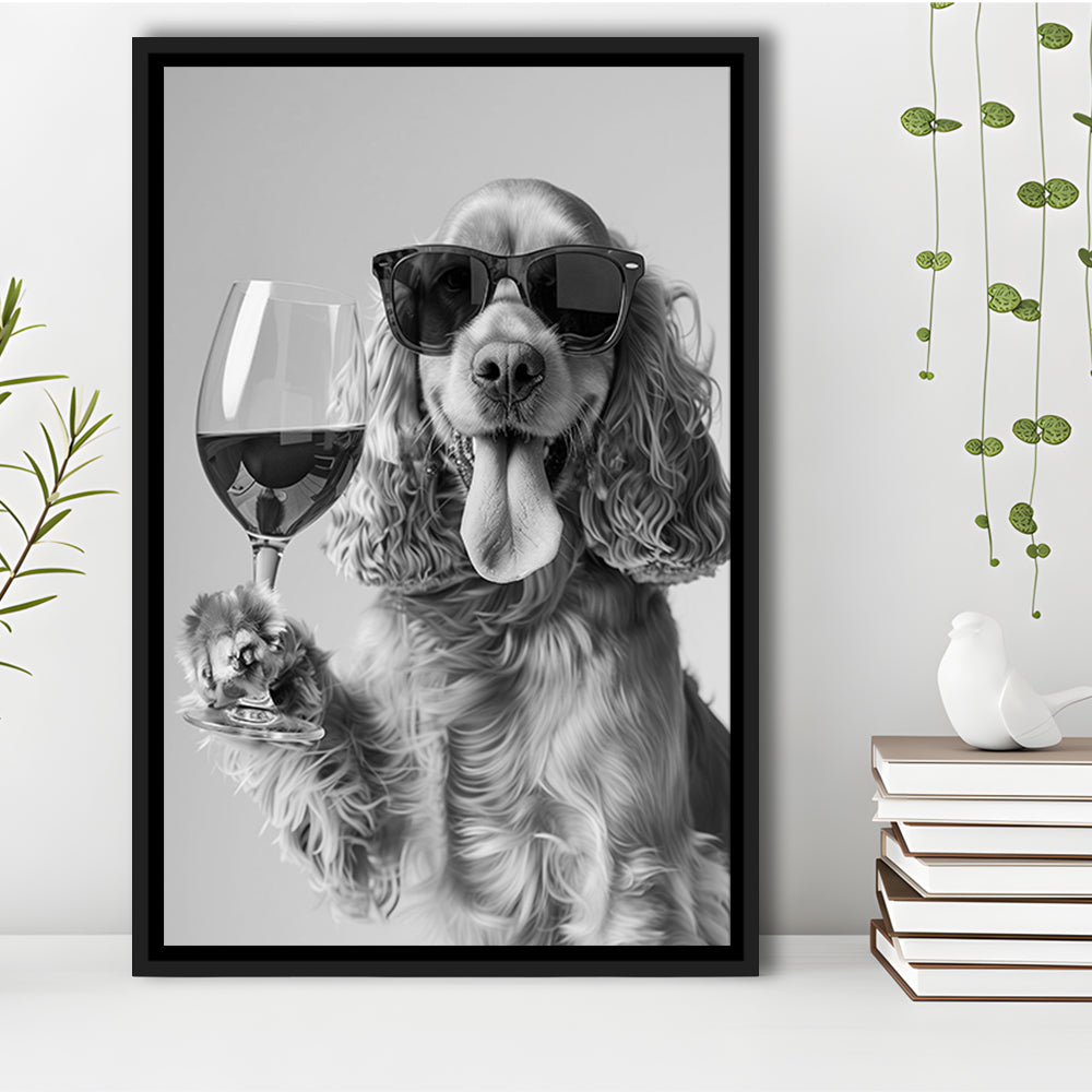 Cocker Spaniel and Wine Framed Canvas Print Wall Art, Black and White, Cocker Spaniel Bar Cart Print, Kitchen Decor