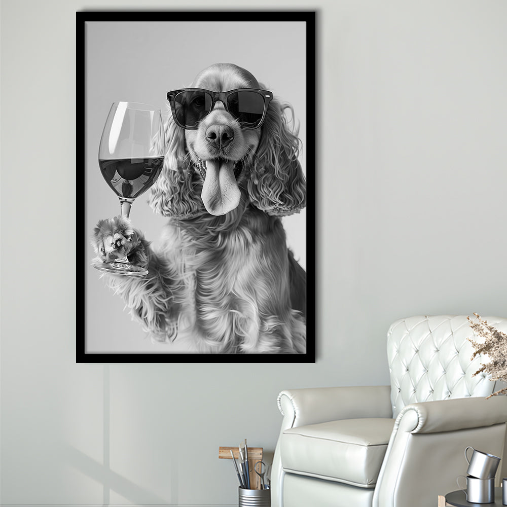 Cocker Spaniel and Wine Framed Art Print Wall Decor, Black and White, Cocker Spaniel Bar Cart Print, Kitchen Decor