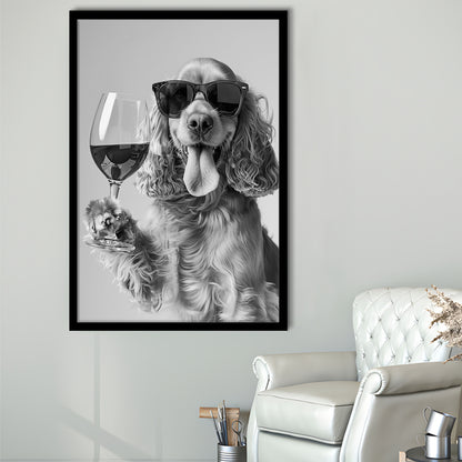 Cocker Spaniel and Wine Framed Art Print Wall Decor, Black and White, Cocker Spaniel Bar Cart Print, Kitchen Decor