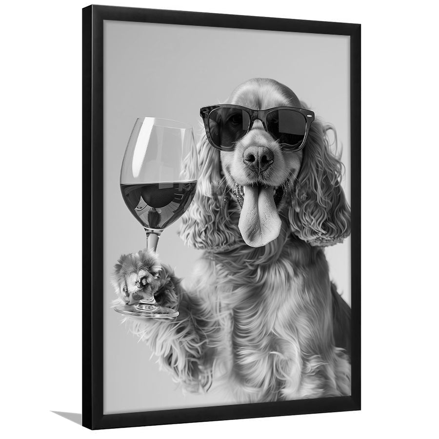 Cocker Spaniel and Wine Framed Art Print Wall Decor, Black and White, Cocker Spaniel Bar Cart Print, Kitchen Decor