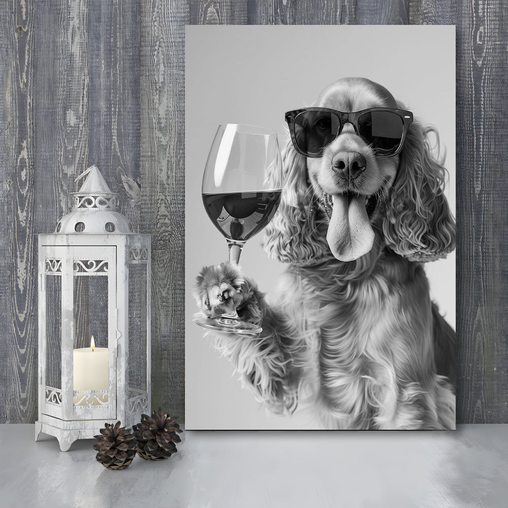 Cocker Spaniel and Wine Canvas Print Wall Art, Black and White, Cocker Spaniel Bar Cart Print, Bar Decor, Kitchen Decor