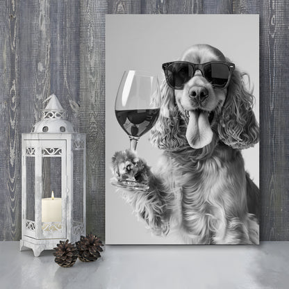 Cocker Spaniel and Wine Canvas Print Wall Art, Black and White, Cocker Spaniel Bar Cart Print, Bar Decor, Kitchen Decor