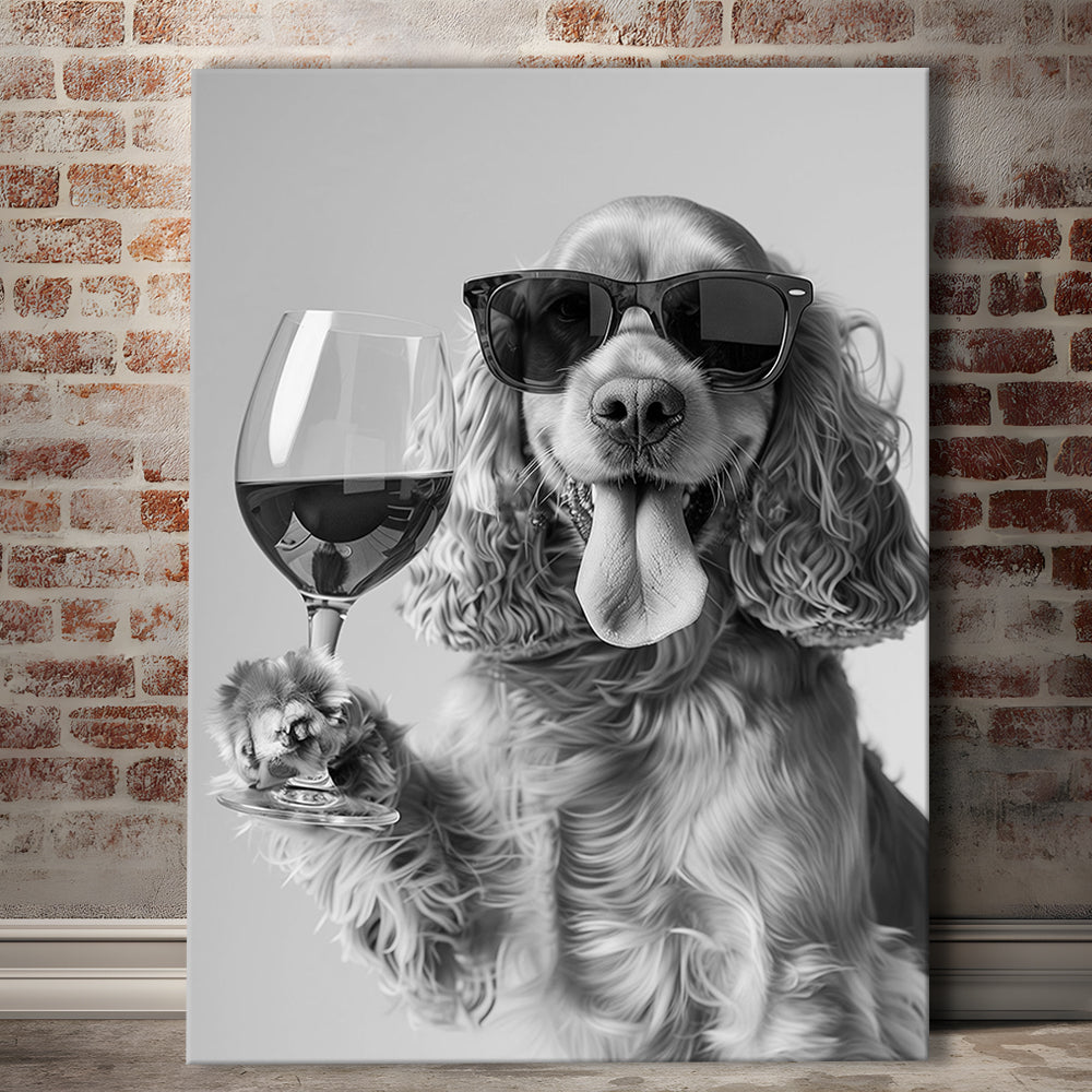 Cocker Spaniel and Wine Canvas Print Wall Art, Black and White, Cocker Spaniel Bar Cart Print, Bar Decor, Kitchen Decor