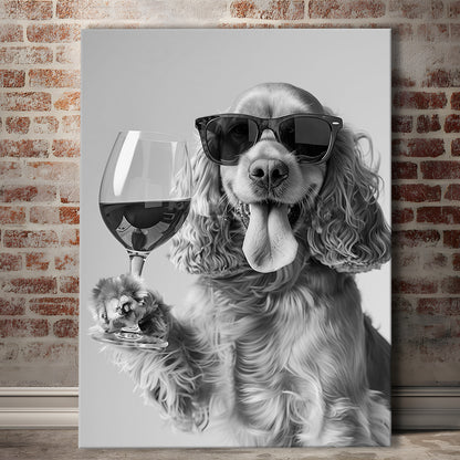 Cocker Spaniel and Wine Canvas Print Wall Art, Black and White, Cocker Spaniel Bar Cart Print, Bar Decor, Kitchen Decor