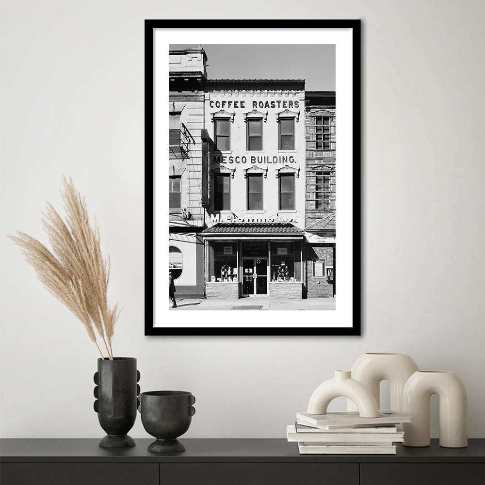 Coffee Roasters in Washington Black and White Art Architecture Print, Framed Art Print White Border Wall Decor