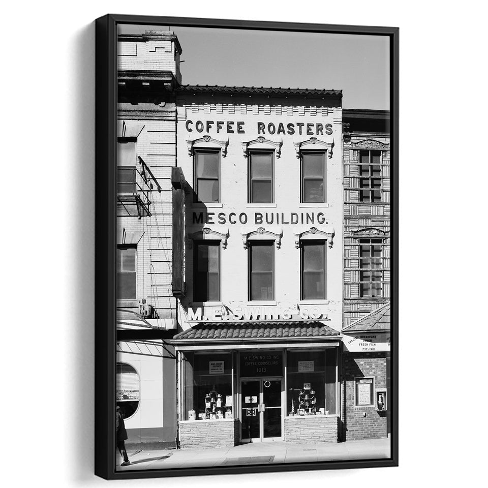 Coffee Roasters in Washington Black and White Art Architecture Print, Floating Framed Canvas Print