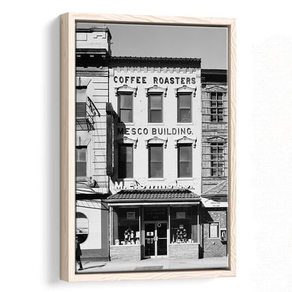 Coffee Roasters in Washington Black and White Art Architecture Print, Floating Framed Canvas Print