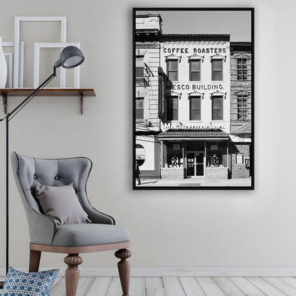 Coffee Roasters in Washington Black and White Art Architecture Print, Floating Framed Canvas Print