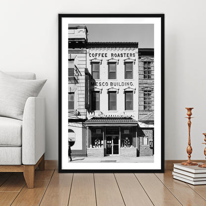 Coffee Roasters in Washington Black and White Art Architecture Print, Framed Art Print White Border Wall Decor