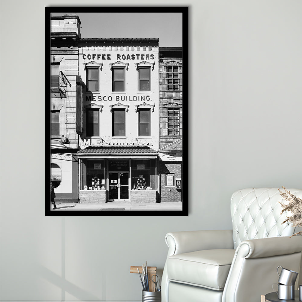 Coffee Roasters in Washington Black and White Art Architecture Print, Framed Art Print Wall Decor