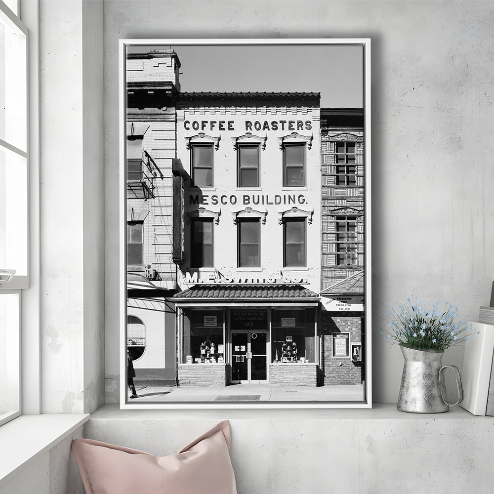 Coffee Roasters in Washington Black and White Art Architecture Print, Floating Framed Canvas Print