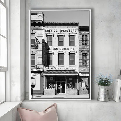 Coffee Roasters in Washington Black and White Art Architecture Print, Floating Framed Canvas Print
