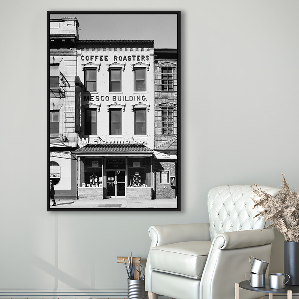 Coffee Roasters in Washington Black and White Art Architecture Print, Floating Framed Canvas Print
