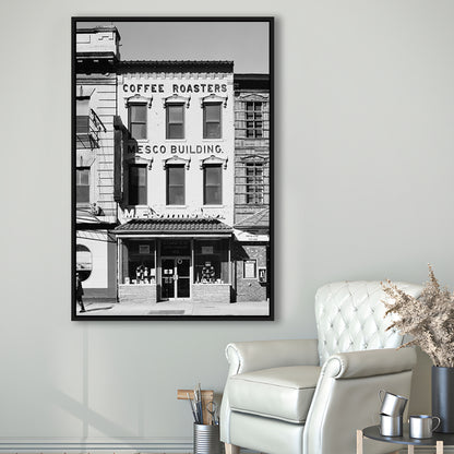 Coffee Roasters in Washington Black and White Art Architecture Print, Floating Framed Canvas Print