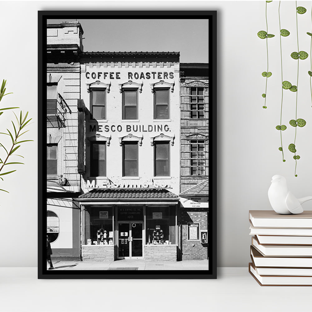 Coffee Roasters in Washington Black and White Art Architecture Print, Floating Framed Canvas Print