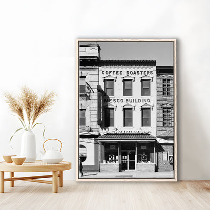 Coffee Roasters in Washington Black and White Art Architecture Print, Floating Framed Canvas Print