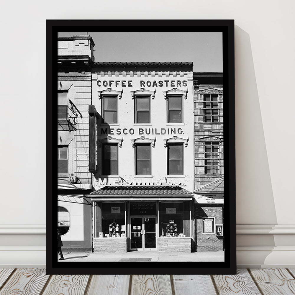 Coffee Roasters in Washington Black and White Art Architecture Print, Floating Framed Canvas Print