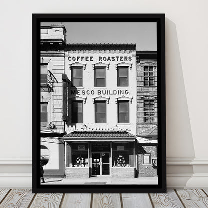Coffee Roasters in Washington Black and White Art Architecture Print, Floating Framed Canvas Print