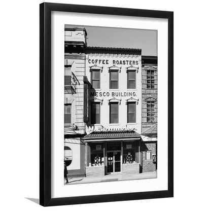 Coffee Roasters in Washington Black and White Art Architecture Print, Framed Art Print White Border Wall Decor