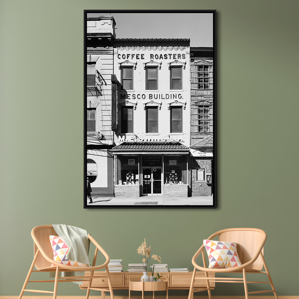 Coffee Roasters in Washington Black and White Art Architecture Print, Floating Framed Canvas Print