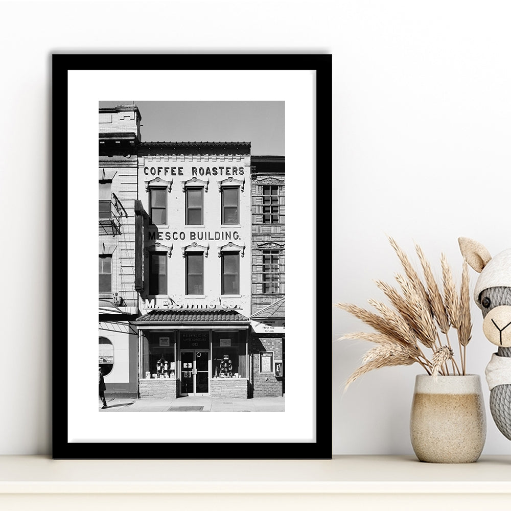 Coffee Roasters in Washington Black and White Art Architecture Print, Framed Art Print White Border Wall Decor