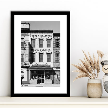 Coffee Roasters in Washington Black and White Art Architecture Print, Framed Art Print White Border Wall Decor