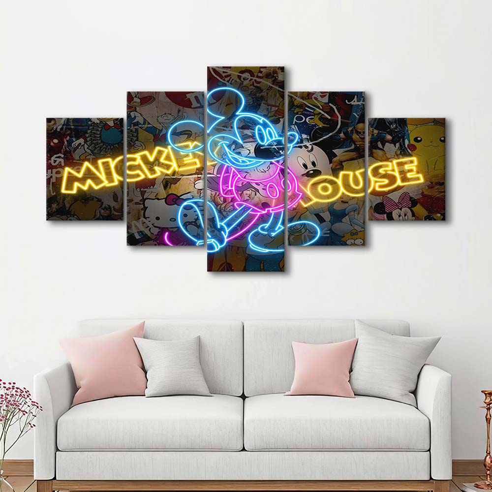Collections, Neon Signs, Pop Culture, Graffiti, Banksy, 5 Panel Mixed Canvas Print Wall Art, Home Decor, Neon Canvas