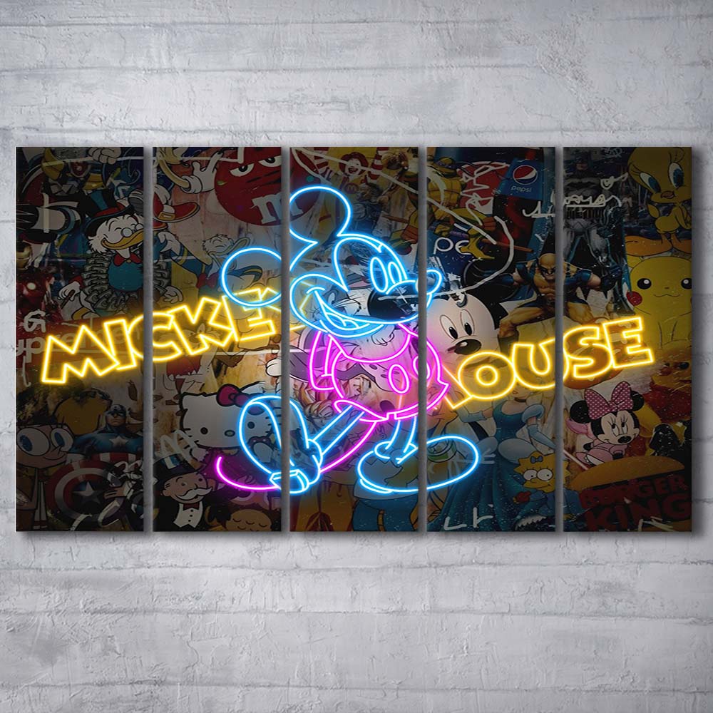 Collections, Neon Signs, Pop Culture, Graffiti, Banksy, Extra Large 5 Panels Multi Canvas Print Wall Art, Home Decor