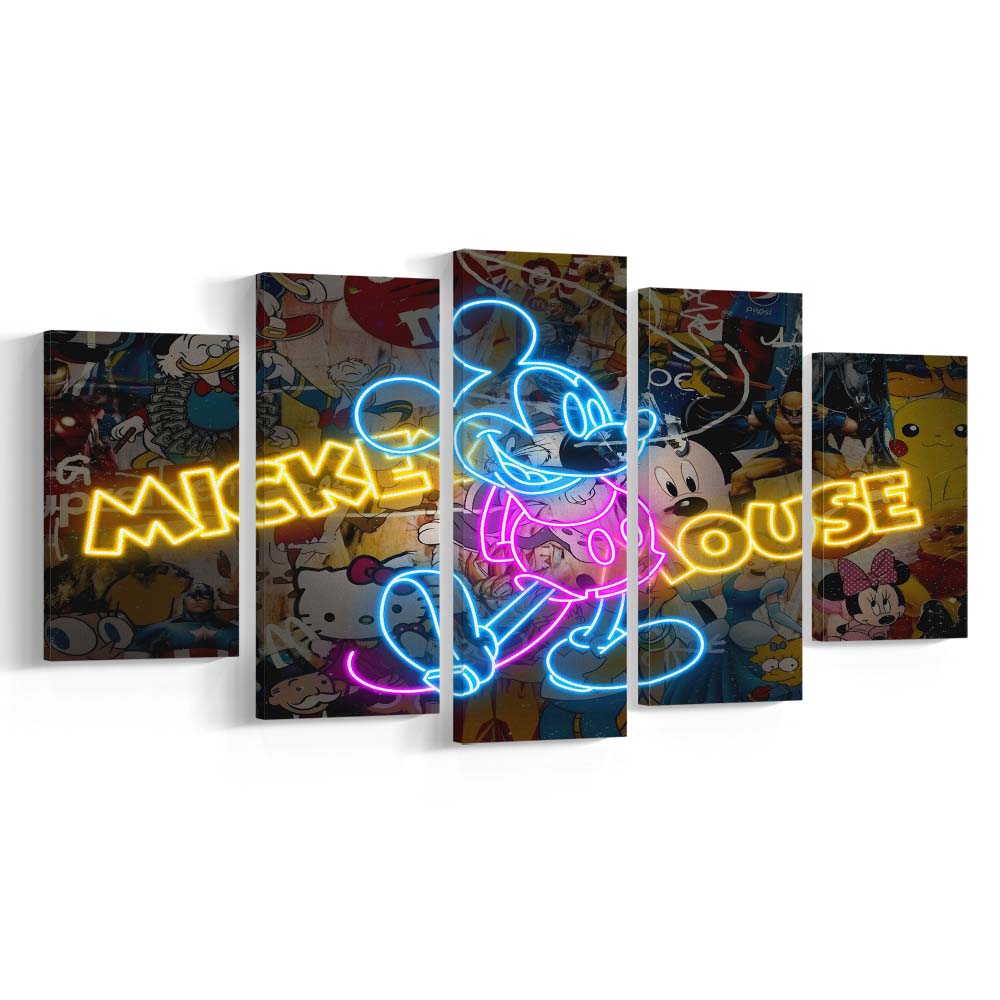 Collections, Neon Signs, Pop Culture, Graffiti, Banksy, 5 Panel Mixed Canvas Print Wall Art, Home Decor, Neon Canvas