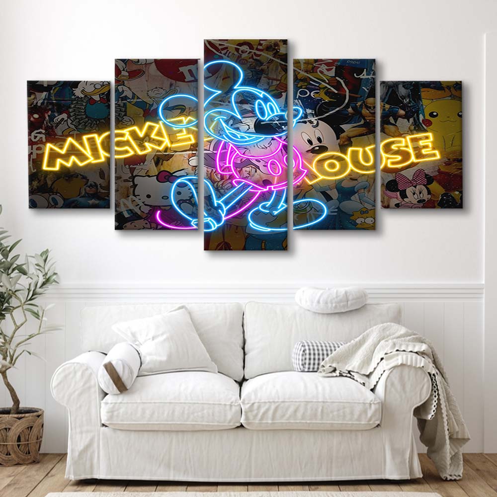 Collections, Neon Signs, Pop Culture, Graffiti, Banksy, 5 Panel Mixed Canvas Print Wall Art, Home Decor, Neon Canvas