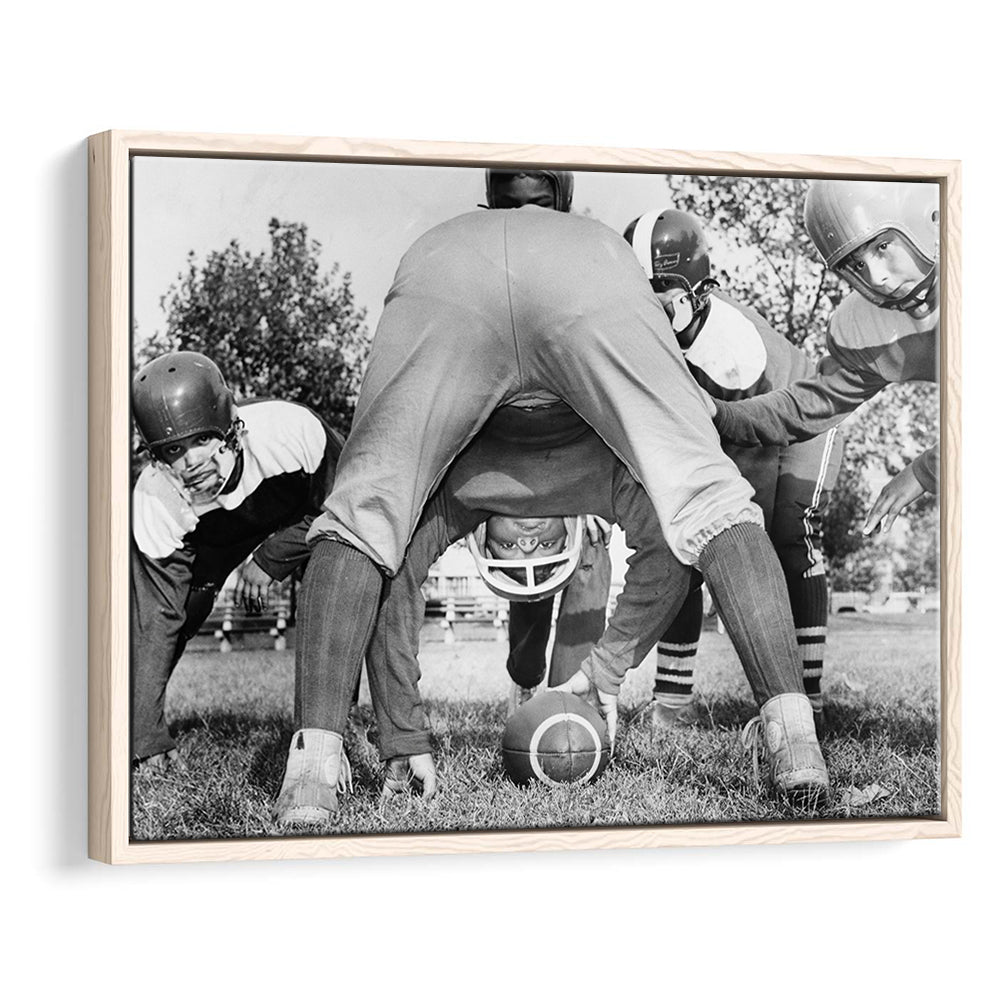 College Football Players Black and White Art Vintage Sports Photography, Floating Framed Canvas Print