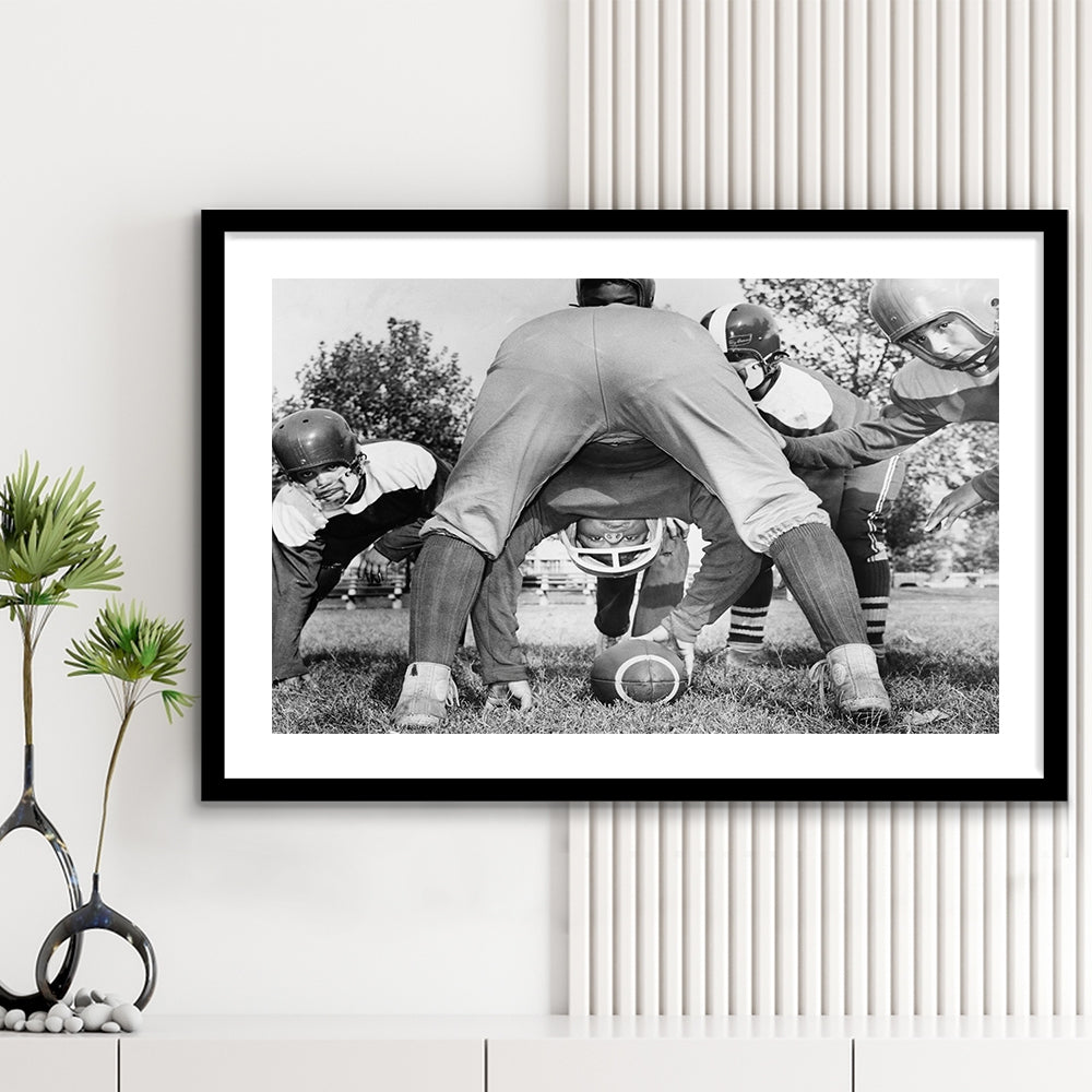 College Football Players Black and White Art Vintage Sports Photography, Framed Art Print White Border Wall Decor