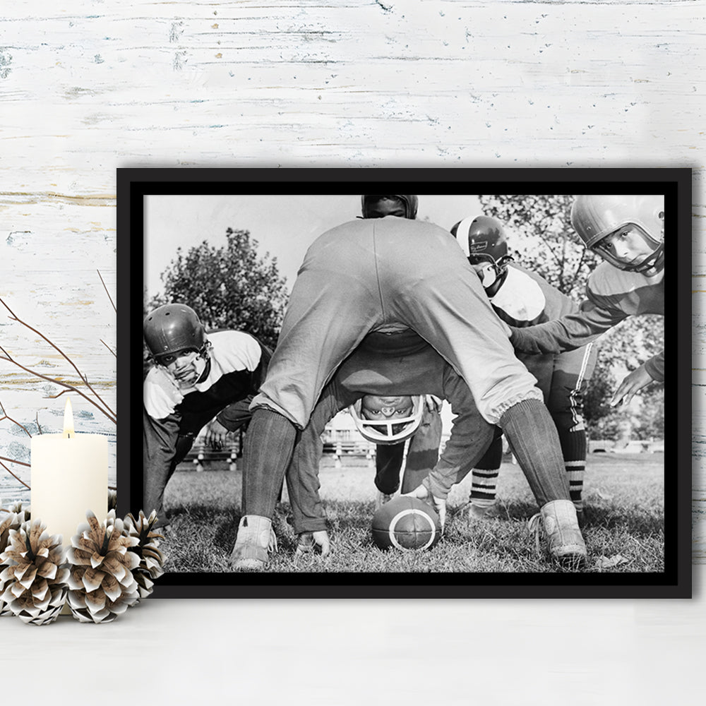 College Football Players Black and White Art Vintage Sports Photography, Floating Framed Canvas Print