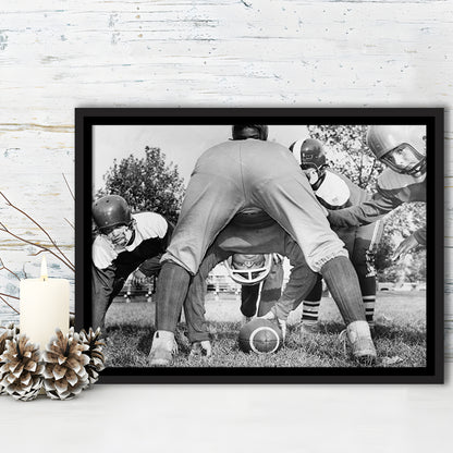College Football Players Black and White Art Vintage Sports Photography, Floating Framed Canvas Print